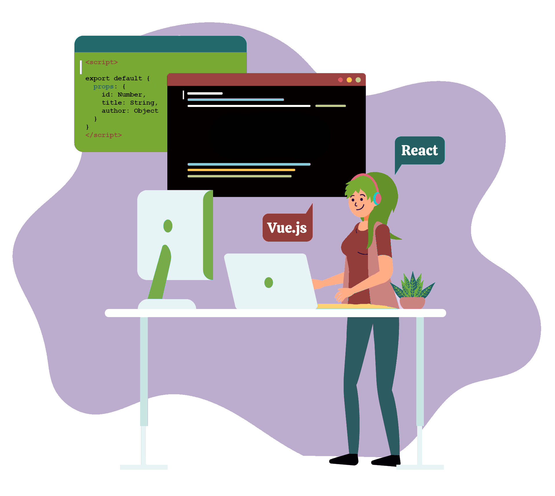 Animation of woman coding in JavaScript