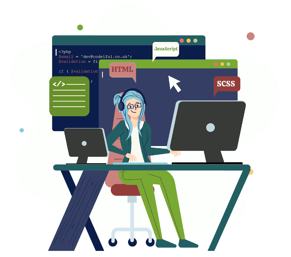 Cartoon of a female Web developer working on a website